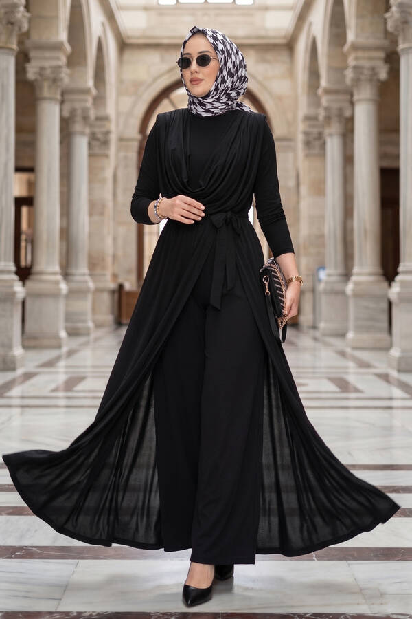 Sms - Degaje Yakalı Beli Kuşaklı Etekli Tulum Siyah