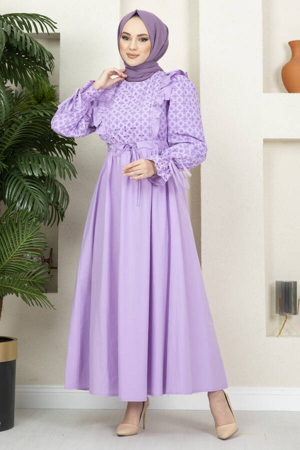 Fisto Tünel Kemerli Tesettür Elbise Lila