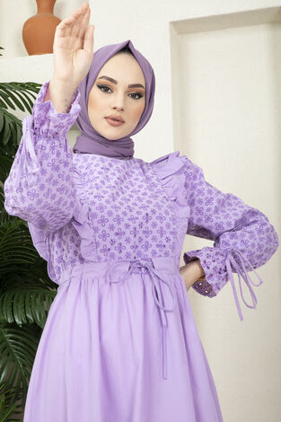 Fisto Tünel Kemerli Tesettür Elbise Lila - Thumbnail
