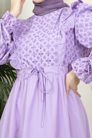 Fisto Tünel Kemerli Tesettür Elbise Lila - Thumbnail