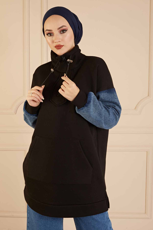 Denim Kol Sweat 160SAG3030 Siyah - Thumbnail