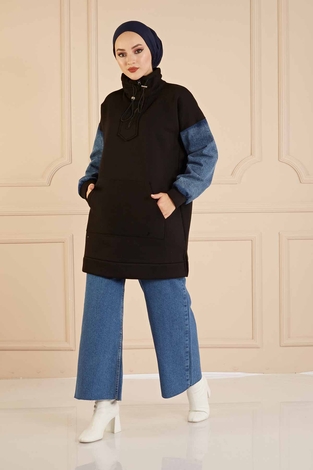 Denim Kol Sweat 160SAG3030 Siyah - Thumbnail