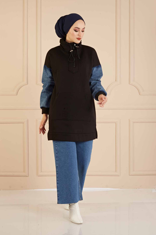 Denim Kol Sweat 160SAG3030 Siyah - Thumbnail
