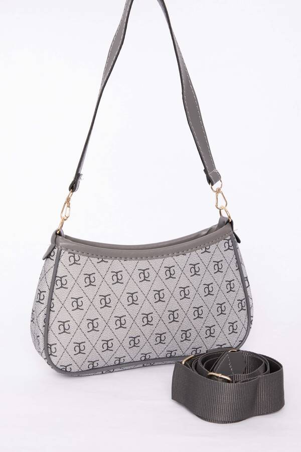 Dmç - Deri Biyeli Desenli El & Omuz Çantası Gri