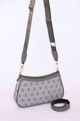 Deri Biyeli Desenli El & Omuz Çantası Gri - Thumbnail