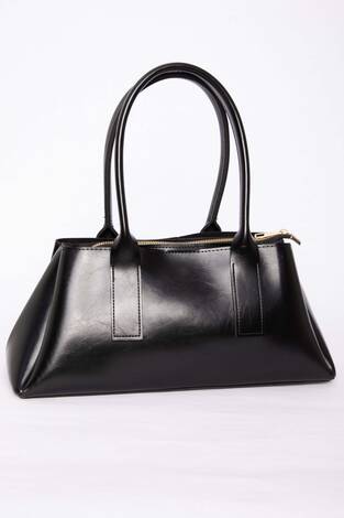 Deri Görünümlü Fermuarlı El & Omuz Çantası Siyah - Thumbnail