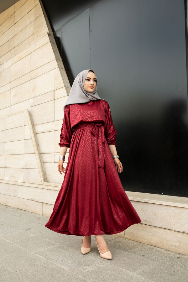 MD - Deri Görünümlü Yarasa Kol Elbise 100MD10131 Bordo