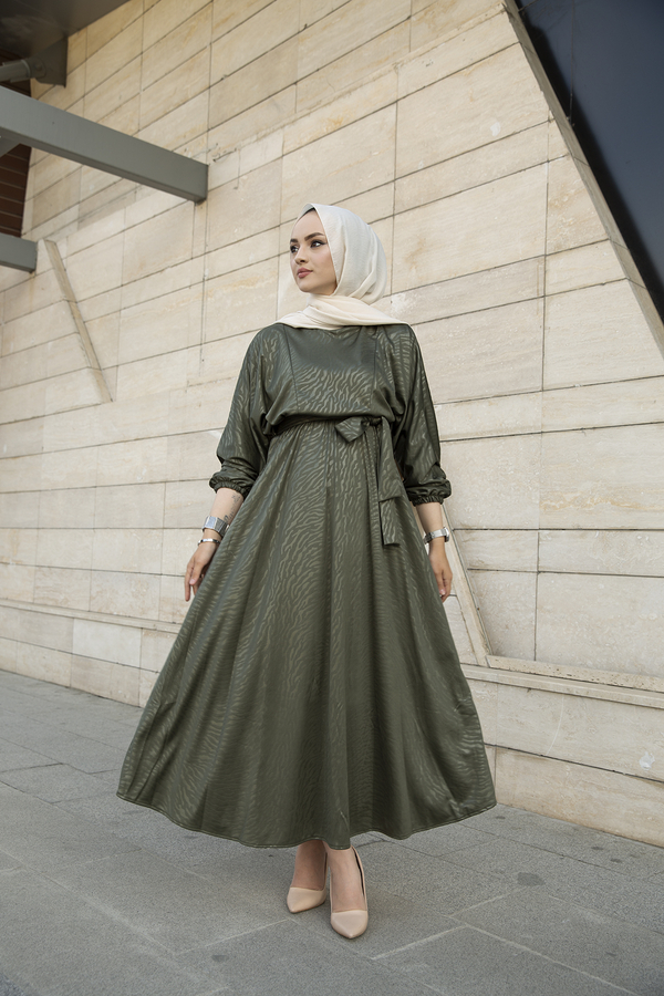 MD - Deri Görünümlü Yarasa Kol Elbise 100MD10131 Haki