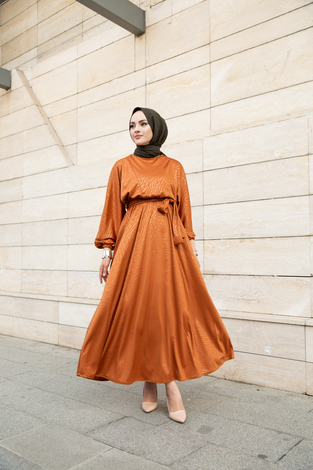 Deri Görünümlü Yarasa Kol Elbise 100MD10131 Taba - Thumbnail