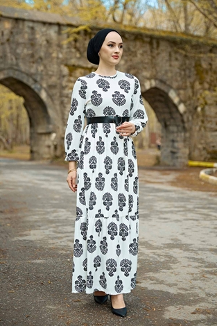 Deri Kemerli Desenli Elbise 100MD-7269 Beyaz - Thumbnail