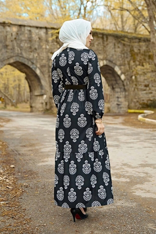 Deri Kemerli Desenli Elbise 100MD-7269 Siyah - Thumbnail