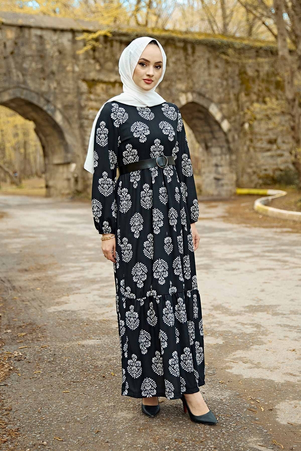 Deri Kemerli Desenli Elbise 100MD-7269 Siyah