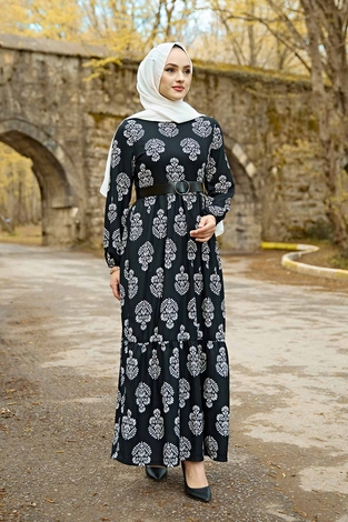 Deri Kemerli Desenli Elbise 100MD-7269 Siyah - Thumbnail