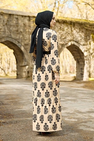 Deri Kemerli Desenli Elbise 100MD-7269 Vizon - Thumbnail
