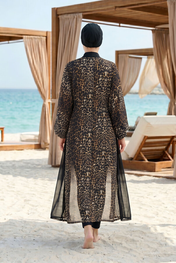 Desenli Beli Ayarlanabilir Şifon Pareo Leopar - 4