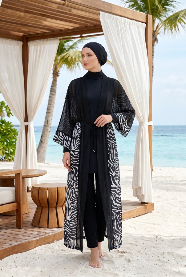 Desenli Beli Ayarlanabilir Şifon Pareo Zebra - 3
