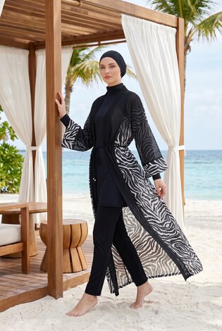 Desenli Beli Ayarlanabilir Şifon Pareo Zebra - Thumbnail