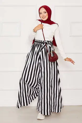 Desenli Beli Kuşak Detaylı Etek Pantolon -15 - Thumbnail