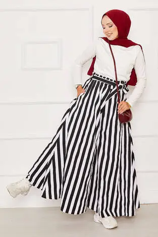 Desenli Beli Kuşak Detaylı Etek Pantolon -15 - Thumbnail