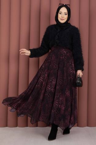 Flok Baskılı Şifon Etek Bordo - Thumbnail