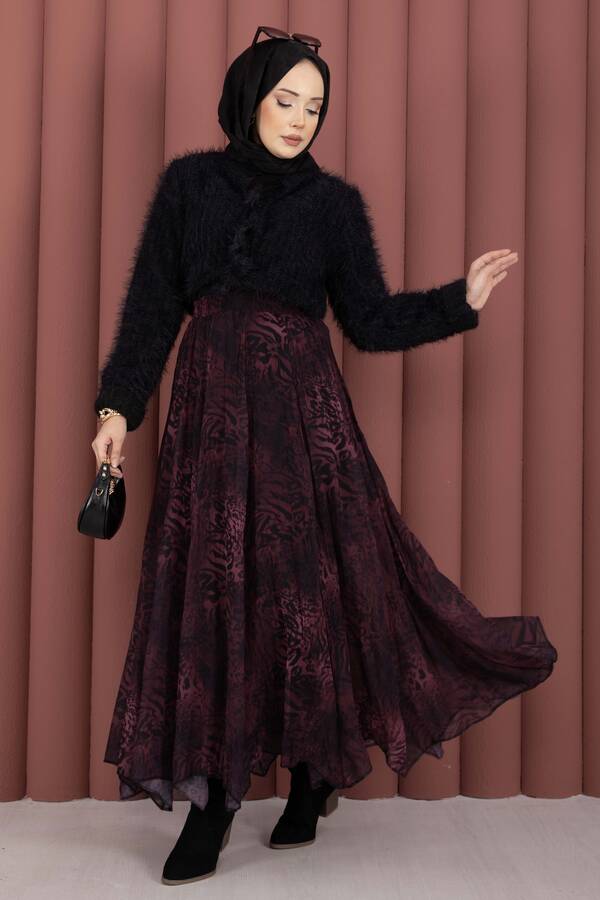 Efl - Flok Baskılı Şifon Etek Bordo