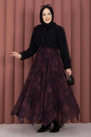 Flok Baskılı Şifon Etek Bordo - Thumbnail