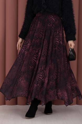 Flok Baskılı Şifon Etek Bordo - Thumbnail