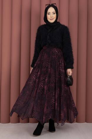 Flok Baskılı Şifon Etek Bordo - Thumbnail