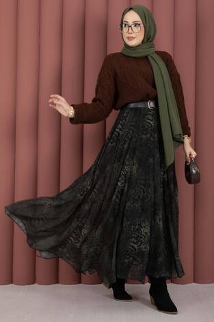 Flok Baskılı Şifon Etek Haki - Thumbnail