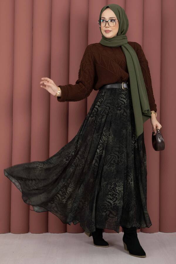 Efl - Flok Baskılı Şifon Etek Haki