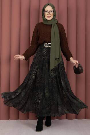 Flok Baskılı Şifon Etek Haki - Thumbnail