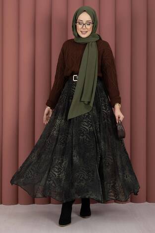 Flok Baskılı Şifon Etek Haki - Thumbnail