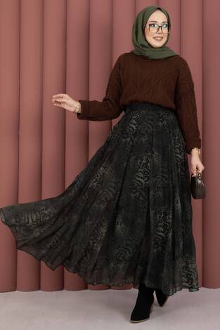 Flok Baskılı Şifon Etek Haki - Thumbnail