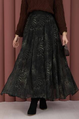 Flok Baskılı Şifon Etek Haki - Thumbnail