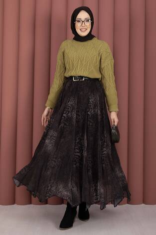 Flok Baskılı Şifon Etek Kahve - Thumbnail