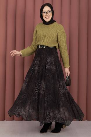 Flok Baskılı Şifon Etek Kahve - Thumbnail