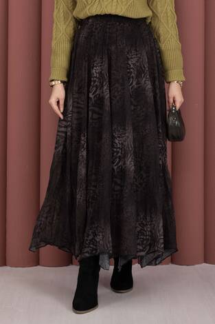 Flok Baskılı Şifon Etek Kahve - Thumbnail