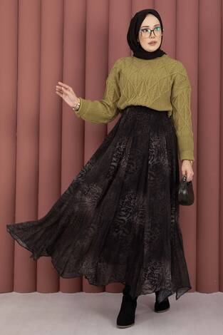 Flok Baskılı Şifon Etek Kahve - Thumbnail