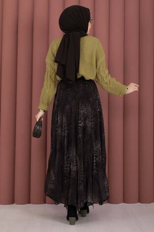 Flok Baskılı Şifon Etek Kahve - Thumbnail