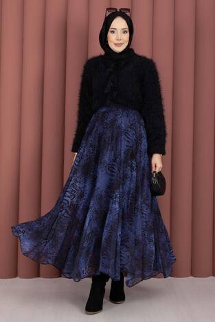 Flok Baskılı Şifon Etek Saks - Thumbnail