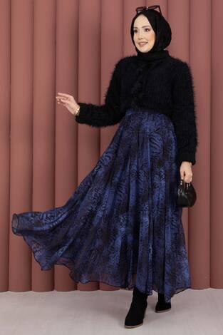 Flok Baskılı Şifon Etek Saks - Thumbnail