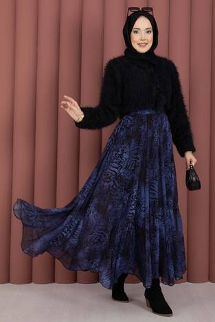 Flok Baskılı Şifon Etek Saks