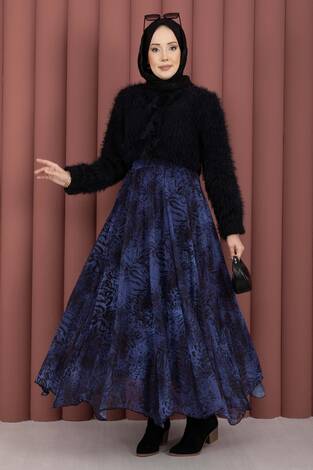 Flok Baskılı Şifon Etek Saks - Thumbnail