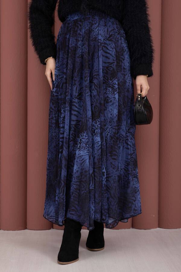 Efl - Flok Baskılı Şifon Etek Saks (1)