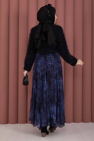 Flok Baskılı Şifon Etek Saks - Thumbnail