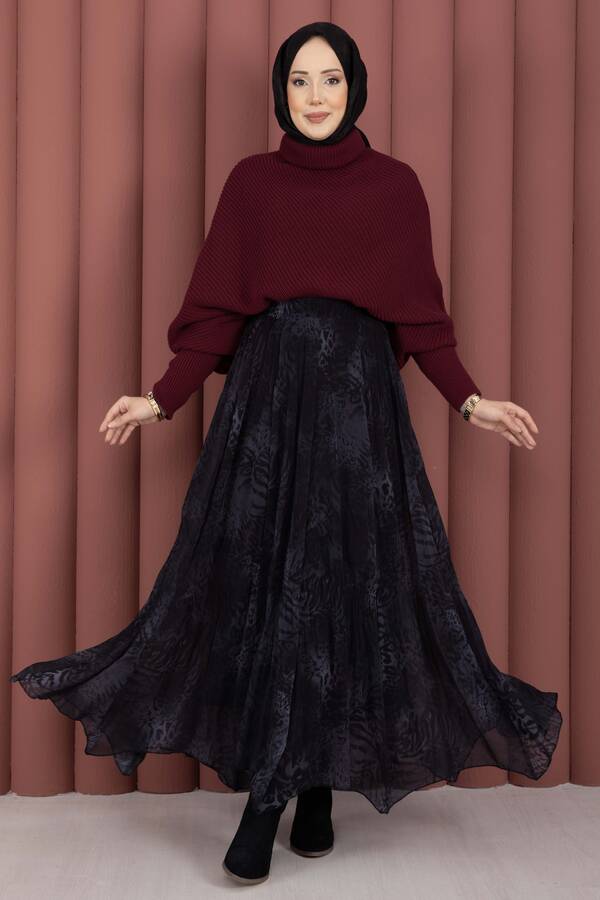 Efl - Flok Baskılı Şifon Etek Siyah