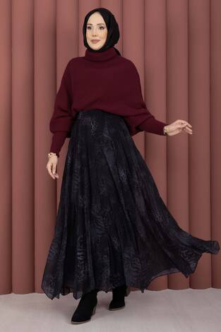 Flok Baskılı Şifon Etek Siyah - Thumbnail