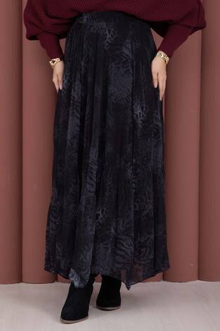 Flok Baskılı Şifon Etek Siyah - Thumbnail