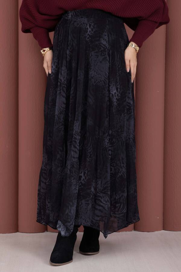 Efl - Flok Baskılı Şifon Etek Siyah (1)