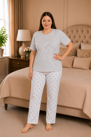 Desenli Büyük Beden Pijama Takımı Açık Gri - Thumbnail